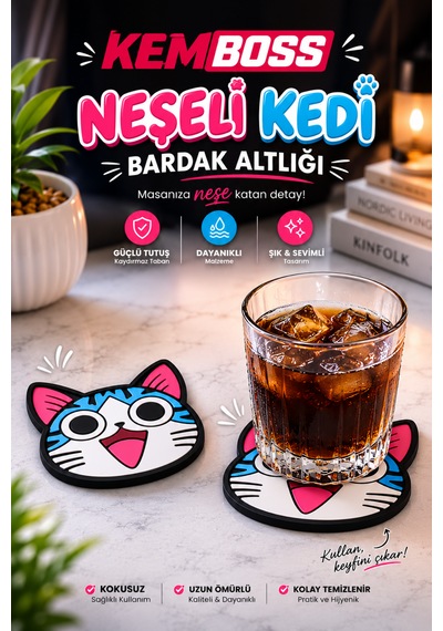 Kemboss Neşeli Mavi Kedi Bardak Altlığı 2'li Set - Pvc Kaydırmaz Bardak Altlığı Açık Mavi