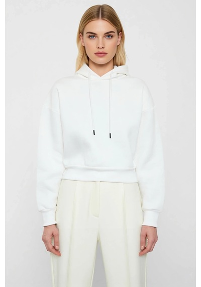 Benerly Kadın Kapüşonlu Düşük Kol Uzun Kollu Basic Örme Crop Sweatshirt F Ekru