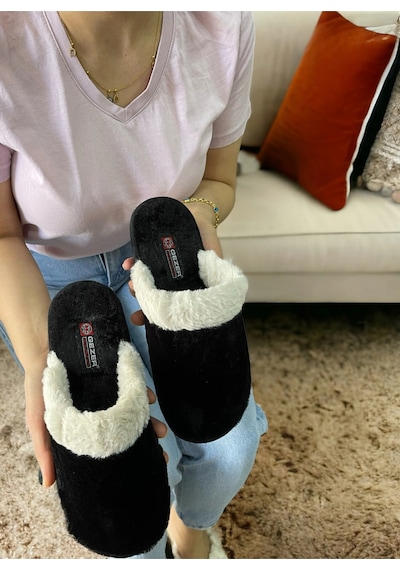 Pelüş Kaymaz Taban Kışlık Ev Terlik Siyah-krem