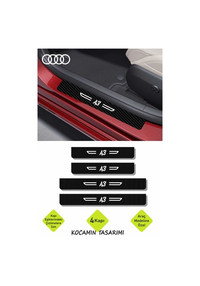 Audi A3 Kapı Koruyucu Karbon Kapı Eşiği Siyah Üzeri Beyaz Yazılı Dekoratif Set Audi A3