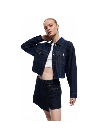 Koton Pamuklu Normal Bel Asimetrik Kesim Düğmeli Denim Şort Etek Koyu İndigo 7wal70002md