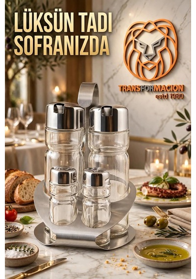 4'lü Paslanmaz Çelik Stantlı İçi Cam Yağlık Sirkelik Tuzluk Biberlik Seti Menaj Takımı 723501 Diğer