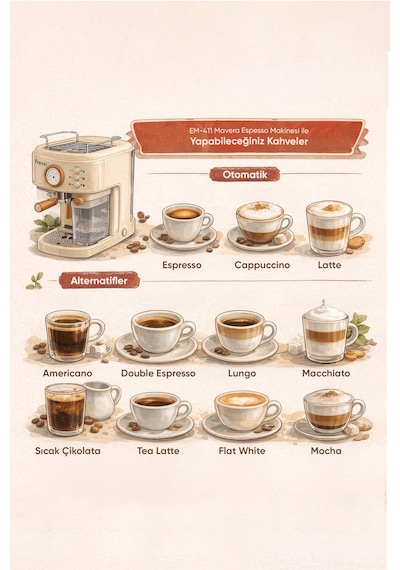 Fressi Mavera Ahşap Detaylı Espresso Kahve Makinesi 20 Bar Em-411 Krem