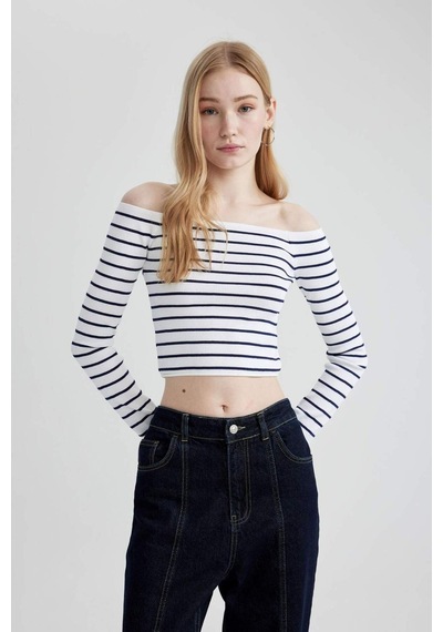 DeFacto Slim Fit Dar Kesim Çizgili Açık Omuz Triko Kazak B7573AX24SPNV31 Lacivert