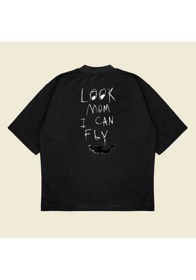 Startmore Look Mom I Can Fly Boxy Fit Oversize Unisex Tshirt Baskılı Tişört Siyah
