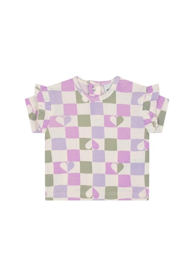 Antebies Organik Gots Sertifikalı Pembe Kalpli Dama,fırfırlı,beli Bağcıklı Kısa Kol Bebek Tshirt Şort Takımı