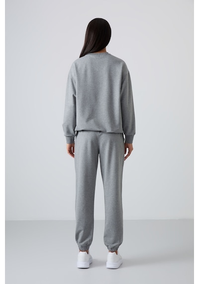 Tommy Life Gri Melanj Basic Pamuklu O Yaka Oversize Lastik Paça Kadın Eşofman Takım - 95287 GRİ MELANJ