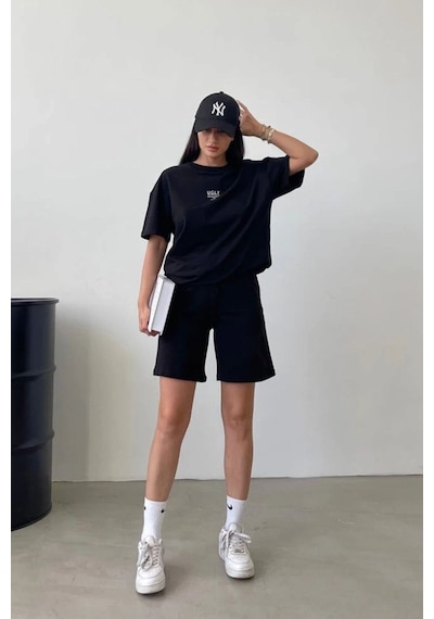 Ugly Baskılı Siyah Şort T-shirt Takım Oversize Bisiklet Yaka Tişört Takım Unisex Siyah