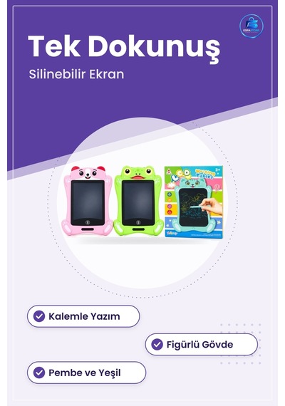 Lcd Yazı Tahtası Çocuk Figürlü Dijital Çizim Tableti Pembe Yeşil Çok Renkli