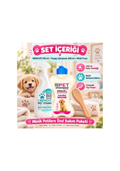 Yavru Köpek İlk Bakım Seti 750 Ml Leke Ve Koku Giderici + 400 Ml Puppy Şampuan + Minik Tüy Fırçası
