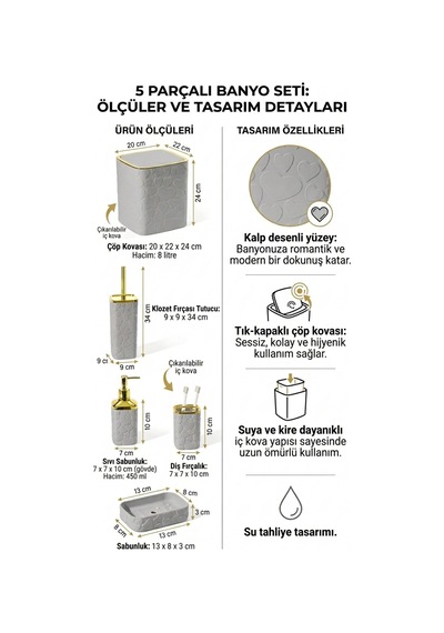 Makri Home 5 Parça Banyo Seti, Kalp Desenli, Gri Gold, Kare, Click Kapaklı, Hacim: 8 Litre Altın - Gri