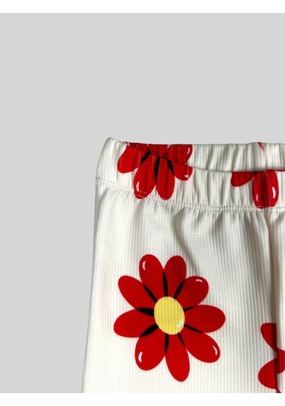 Kırmızı Papatya Baskılı İspanyol Paça Pantolon 2063-1 Çok Renkli