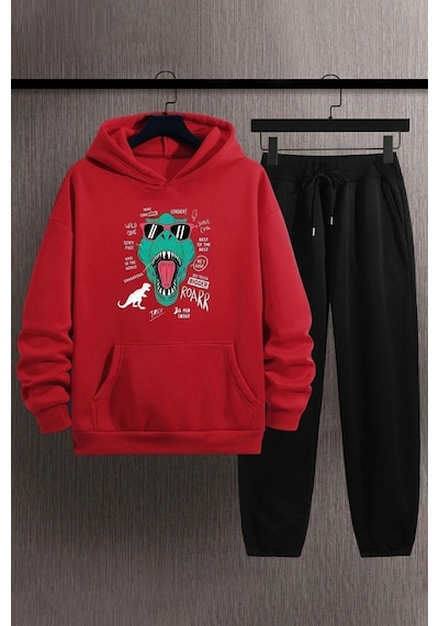 Uyguntarz Unisex T - Rex Baskılı Eşofman Takımı Kırmızı