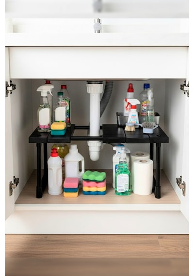İndecor Houseware Plastik Genişletilebilir Raf Ayarlanabilir Düzenleyici Mutfak Banyo Düzenleyici - Tek Katlı - Siyah