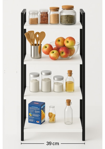 4 Katlı Metal Çerçeveli Ahşap Raf Mutfak & Banyo Düzenleyici Çok Amaçlı Organizer 98x39x22 Cm Beyaz