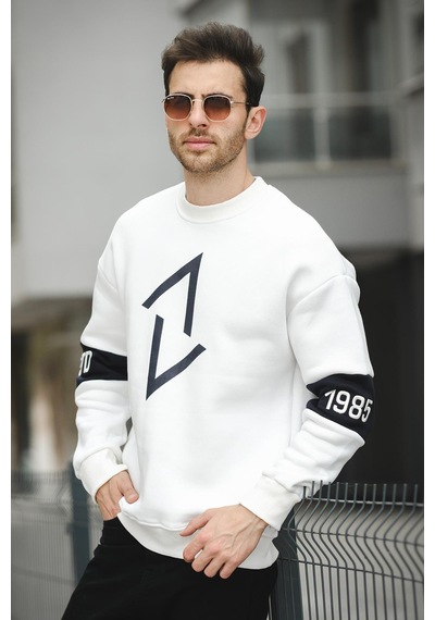 Estd Üç İplik Şardonlu Kol Nakışlı Önü Baskılı Bisiklet Yaka Erkek Sweatshirt 001