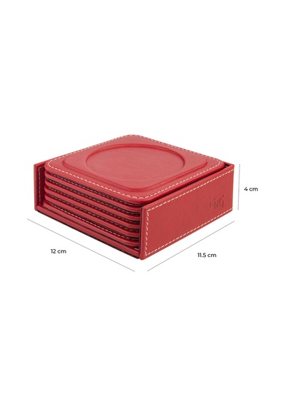 Bardak Altlığı,6 Lı Set,masaüstü Yuvarlak Cup Coaster,vegan Suni Deri,11x11 Cm.,kırmızı Kırmızı