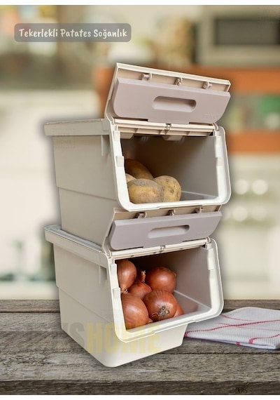 4 Lü Tekerlekli Patateslik Soğanlık Bpa Free Erzak Kutusu Oyuncaklık Sebzelik Krem 48 Litre Krem
