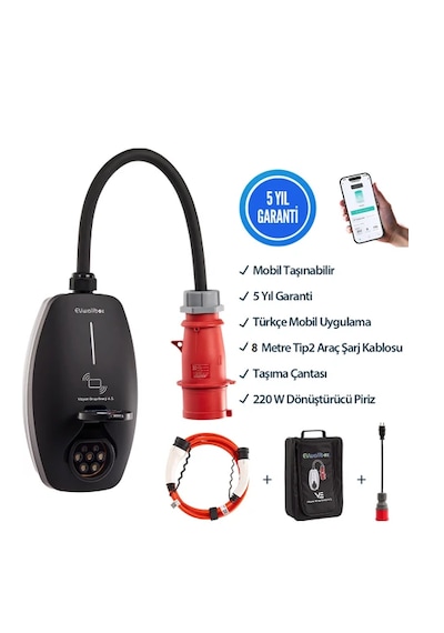 22kw V3 Türkçe Mobil Uygulama 5 Yıl Garanti, 8 Metre Tip2 Araç Şarj Kablosu, Taşıma Çantası Ve 220v Dönüştürücü Adaptör Dahil 22 Kw
