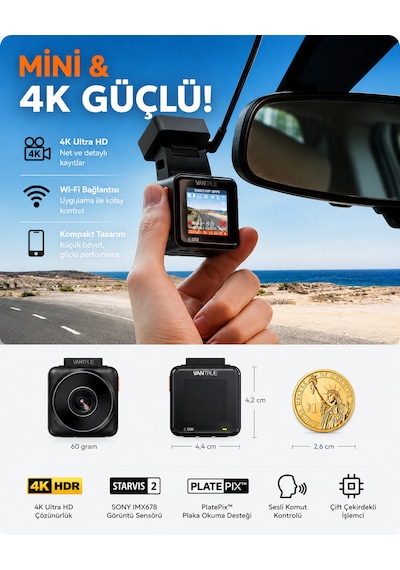 Vantrue Element1 Pro 4k Uhd Wi-fi Cpl Filitre Hediyeli Mini Araç Kamerası
