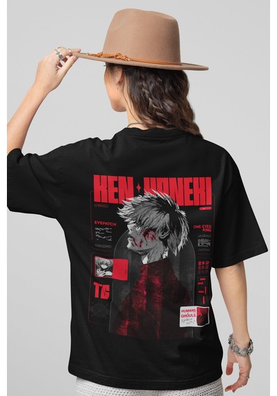 Tokyo Ghoul Ken Kaneki Sırt Baskılı Unisex Oversize Anime Tişört Siyah