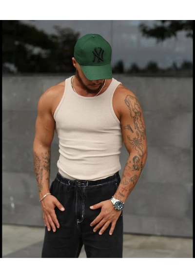 Martino Butik Unisex Likralı Fitilli Bej Atlet Bej