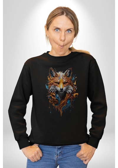 Renkli Sulu Boya Kurt Yapay Zeka Tasarımı Unisex Siyah Baskılı Sweatshirt Siyah