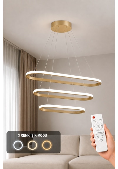 AvizeGO Elipso 3'lü Led Sarkıt Avize 3 Renk Kumandalı Eskitme