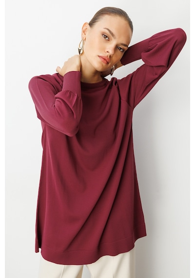 Mizalle Premium Rayon Balon Kol Mürdüm Triko Kazak Mürdüm
