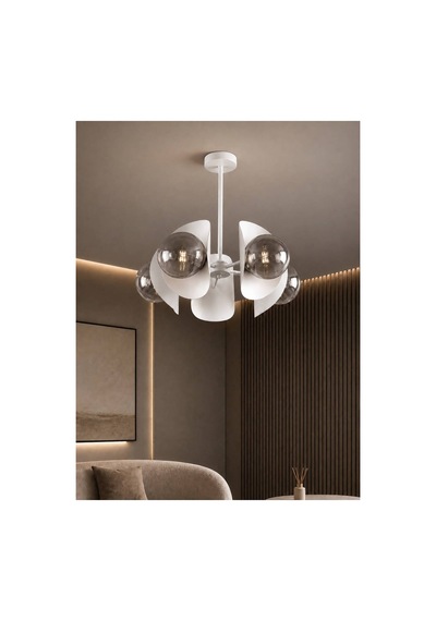 Noven 5'li Beyaz Metal Füme Cam Küre Avize Modern Salon Sarkıt Aydınlatma Yemek Masası Aydınlatma E27 Duy Uyumlu