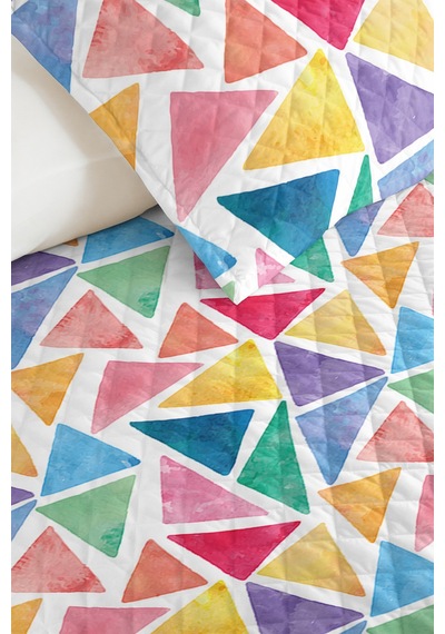 Renkli Geometrik Pastel Genç Odası Tek Kişilik Pike Takımı - Üçgen 160x220 Cm Kapitone Yatak Örtüsü Doğal Saten Kuşağı