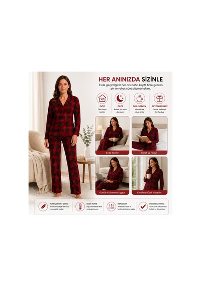 Westicgiyim Kadın Süet Pijama Takımı Kırmızı Ekose Desenli Uzun Kollu Düğmeli Yumuşak Dokulu Kışlık S/m-2xl