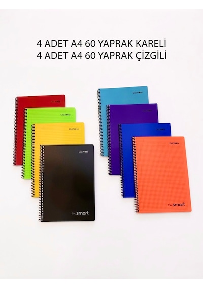 Uni Note A4 Spiralli Defter Seti 8 Adet 4 Kareli + 4 Çizgili 60 Yaprak Renkli Plastik Kapak Okul Ve Ofis Defteri