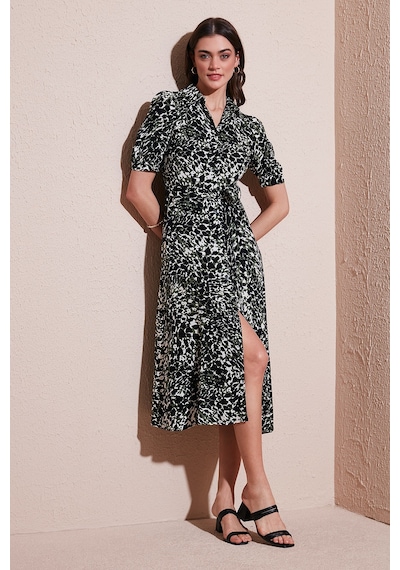 Lela Desenli Relaxed Fit Balon Kol Yırtmaçlı Kemerli Midi Boy Bayan Elbise 67810558 Yeşil-Leopar