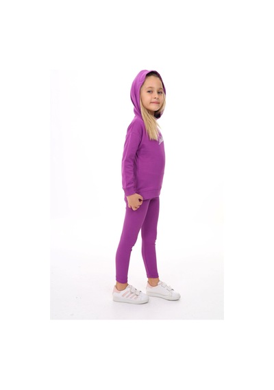 Toontoy Kids Toontoy Kız Çocuk 2'li Takım Baskılı Bisiklet Yaka Düşük Omuz Cepli Sweatshirt & Basic Düz Tayt Mor