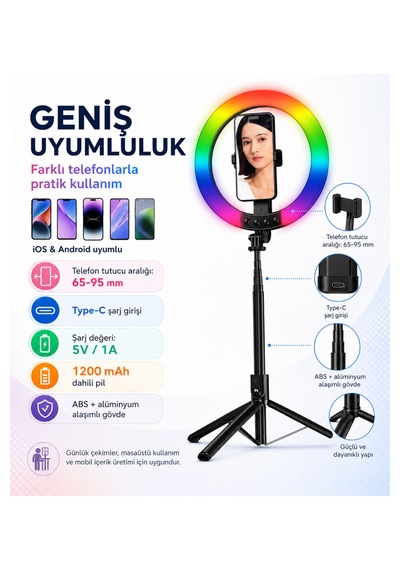 1,9 Metre Rgb Halka Işık Selfie Çubuğu Ve Tripod, 32 Renkli Led Ring Light, Bluetooth