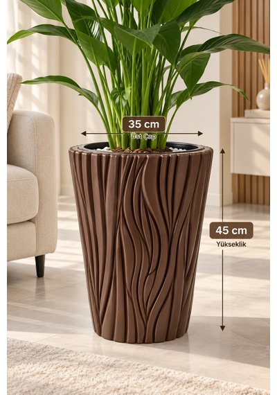 Ağaç Desenli Kahverengi Büyük Saksı 45 Cm 35 Cm Üst Çaplı Dekoratif İç Saksılı Salon Ve Ofis Saksısı -