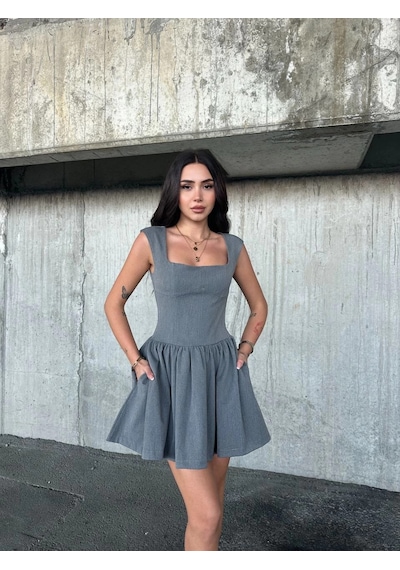 Kolsuz Mini Elbise- Gri Çok Renk