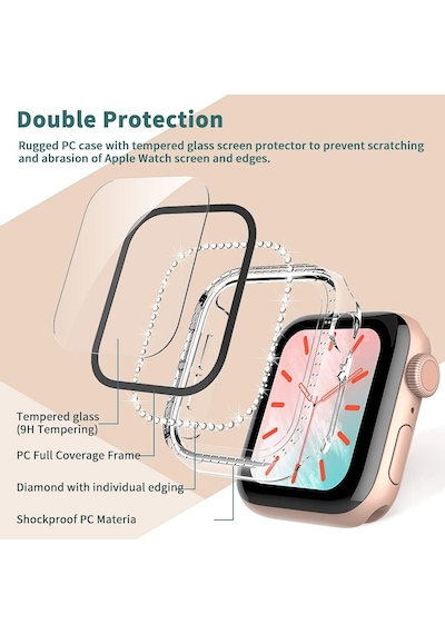 Apple Uyumlu  Watch  40mm Ekran Koruyuculu Tek Sıra Kenar Taşlı Sert Pc Kasa Koruyucu