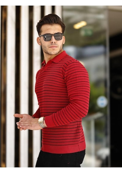 Bordo Erkek Slim Fit Polo Yaka Patlı Triko Kazak-trz19132r01s Bordo