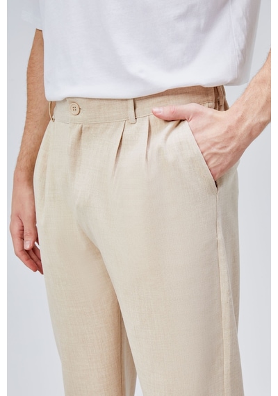 HLT Jeans Erkek Bej Çift Pileli Rahat Kesim Beli Lastikli Bol Paça Baggy Pantolon Albert-1991 Bej