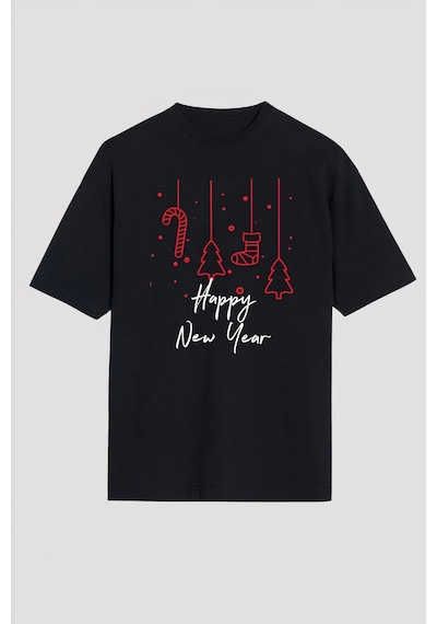 Barlashive Yılbaşı Happy New Year Baskılı Kısa Kollu Oversize Bisiklet Yaka T-shirt - Siyah Çok Renkli