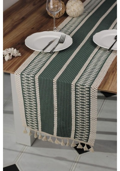 Tropik Home Pamuk Dantel Püsküllü Yeşil Runner, Sunum Örtüsü Dantel Bej 35x145 Cm Runner Masa Örtüsü Genel