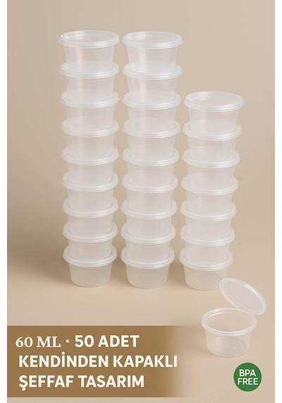 60 Ml Kendinden Kapaklı Şeffaf Sosluk Sızdırmaz, Sıcağa Dayanıklı, Tekrar Kullanılabilir 50 Li Set Diğer
