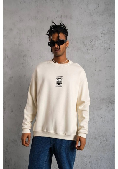 Barlashive Erkek 3 İplik Pamuklu Bisiklet Yaka Baskılı Oversize Sweatshirt - Beyaz Çok Renkli