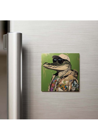 Alligator - Amerikan Timsahı - Güneş Gözlüklü Style - Buzdolap Magneti - 9x9 Cm