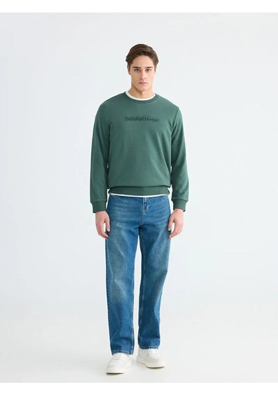 Lc Waikiki Yeşil Bisiklet Yaka Baskılı Erkek Sweatshirt