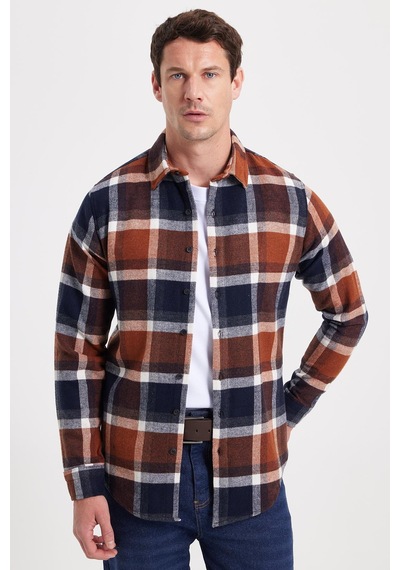 Tudors Erkek Slim Fit Dar Kesim Kareli Kışlık Oduncu Gömlek-42353 Kahverengi