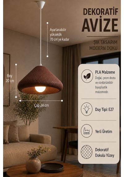 Kubbe Form Sarkıt Avize Beton Görünümlü Dokulu Modern Dekoratif Avize E27 25 Cm - Kahverengi