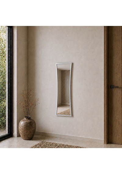Modern Çerçeveli Boy Aynası 40x120 Cm Kavisli Minimalist Dekoratif Duvar Aynası Gümüş